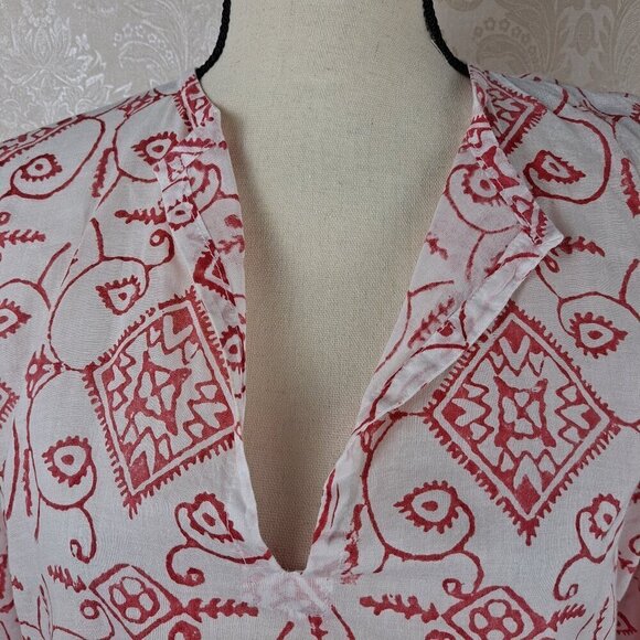 Barbara Gerwit Size XL White with Pink/Red Design Tunic Split Neck Long Sleeve - Picture 2 of 11